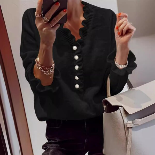 ⁦سترة نسائية شتوية محبوكة بياقة مفتوحة وكشكشة، وبأكمام طويلة⁩ - الصورة ⁦6⁩