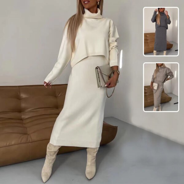 طقم نسائي شتوي مكون من قطعتين بتصميم عصري، بلوفر مريح بياقة عالية وفستان طويل بدون أكمام يمنحكِ إطلالة أنيقة ودافئة